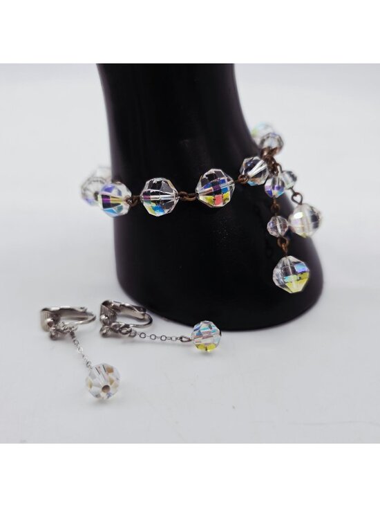 Unbranded Jewelry - Crystal Iridescent Bead Bracelet & Clip-On Earrings Aurora Borealis MCM 1950s